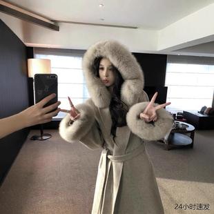 毛呢皮草 狐狸毛领连帽双面羊绒大衣女韩版 Queen高品质 25秋冬新款