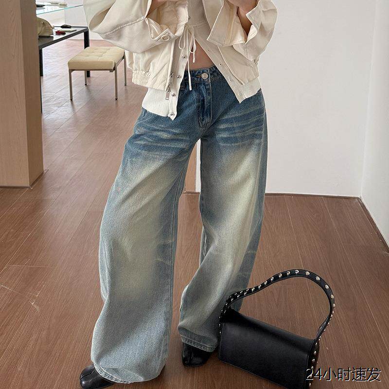 QueenMMFISH时髦街头水洗猫须设计感低腰阔腿宽松浅色牛仔裤25K40