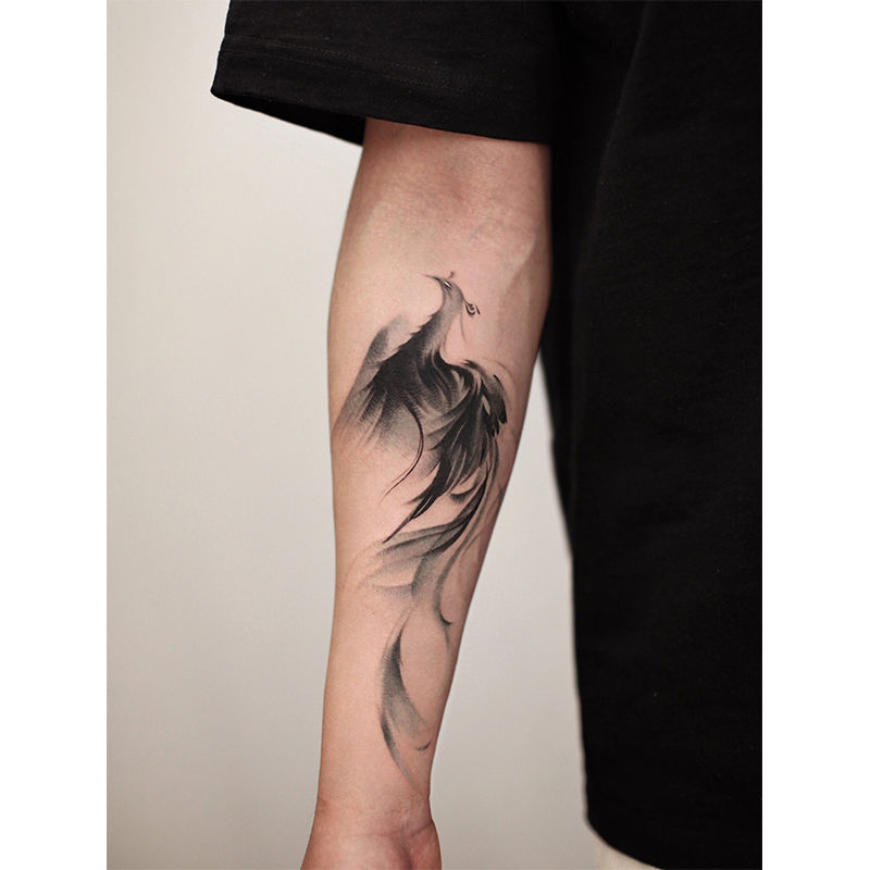 国风凤凰草本纹身贴半永久新款暗黑霸气水墨风防水持久高级遮疤男