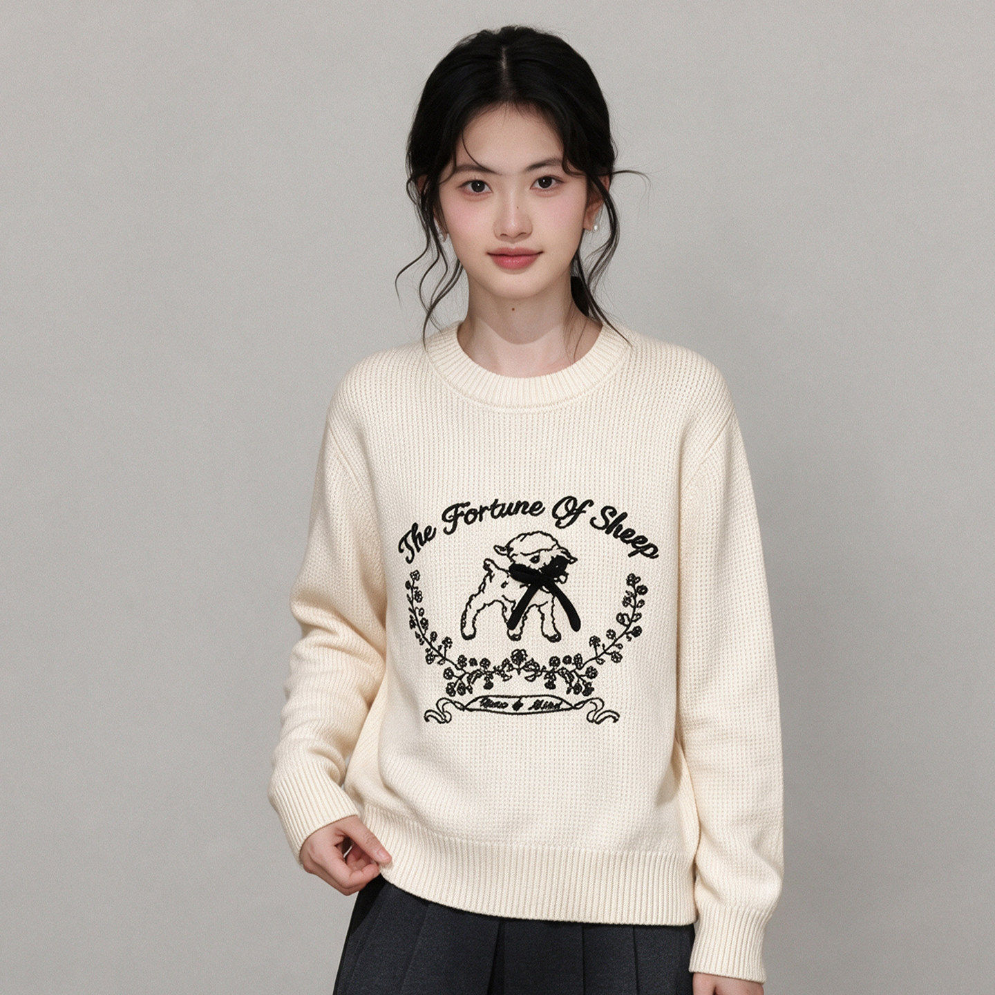 thumbnail for Erpan Korean Cartoon Embroidered Little Lamb Sweater for Women, 2026 Autumn New Petite Loose Pullover Knit Top