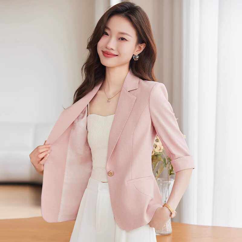 粉色七分袖薄款西装外套女2024夏季新款休闲短款小个子中袖西服夏
