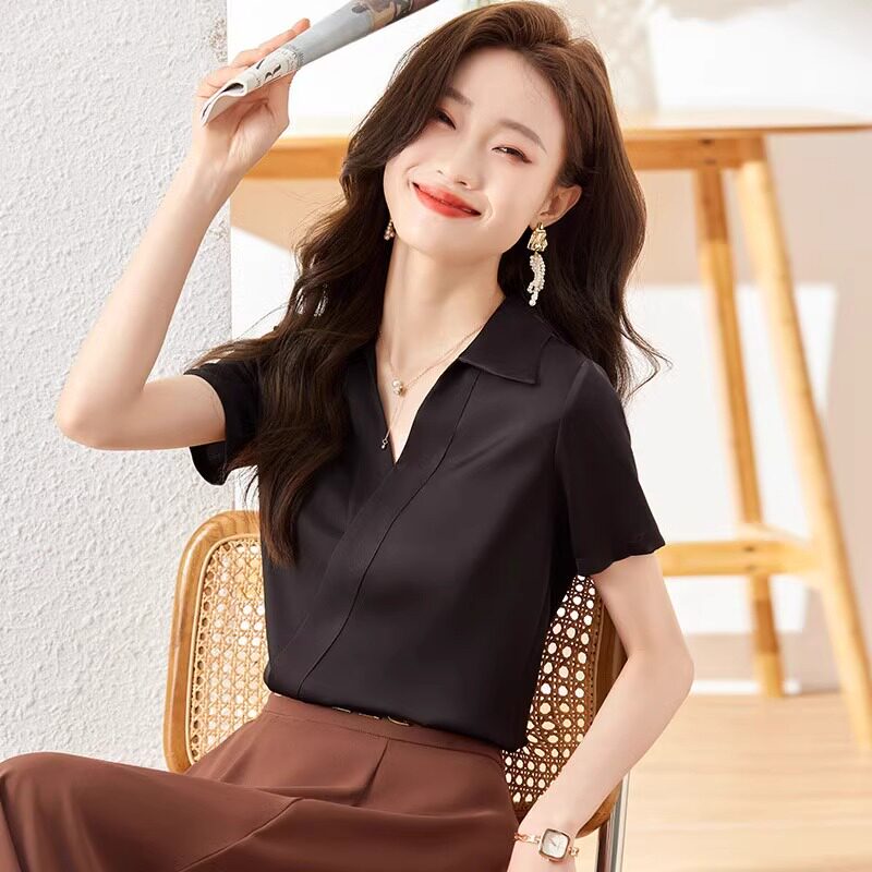 黑色短袖雪纺衬衫女夏季新款工作服女职业气质小个子V领衬衣套装