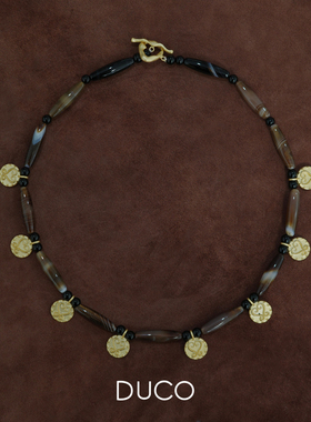 Amorflora爱心纹理小圆片垂挂项链原创925银条纹玛瑙【新品】