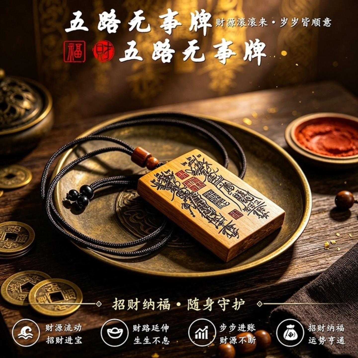 五路无事牌雷击木吊坠 国风文创木雕挂件随身平安木牌