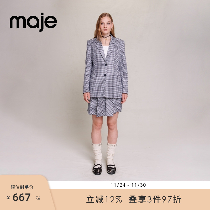 Maje Outlets 2024秋冬女装时尚高知风格纹西装外套半身裙套装