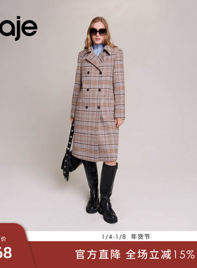 Maje Outlets秋冬女装法式复古格纹双排扣长款直筒毛呢外套大衣