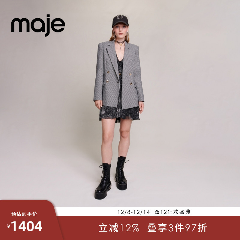 Maje千鸟格双排扣西装外套