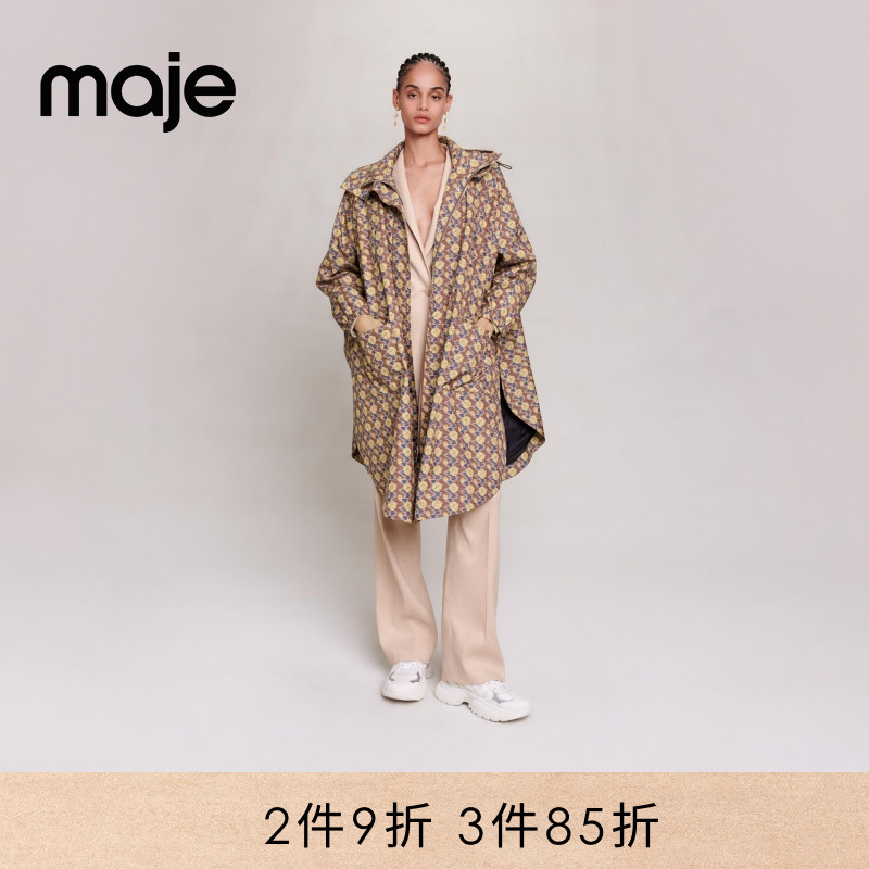 Maje法式时尚印花连帽廓形风衣