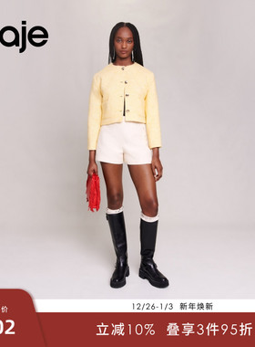 Maje Outlets秋冬女装法式时尚粗花呢淡黄色格纹单排扣短款外套