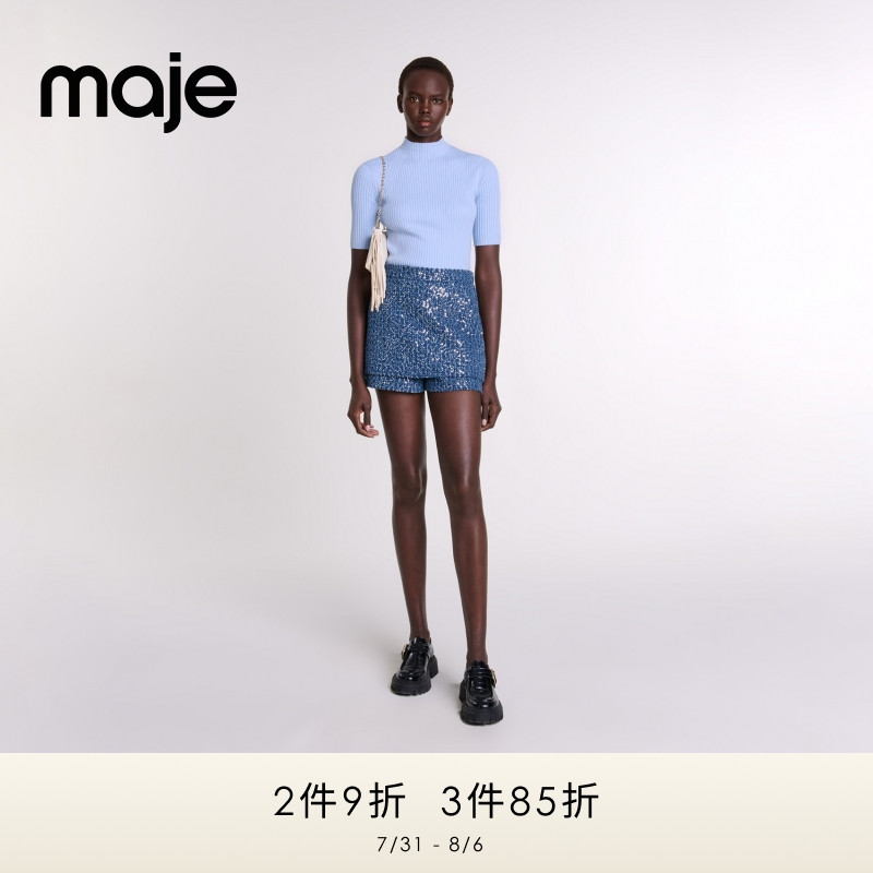 Maje气质蓝色短袖针织T恤上衣