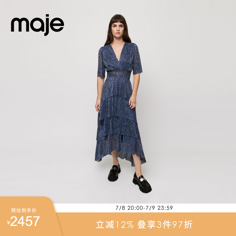 Maje Outlets经典款女装时尚法式深蓝色收腰连衣裙长裙MFPRO02237