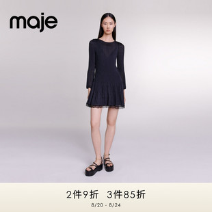 收腰连衣裙MFPRO03374 Maje Outlets春夏女装 黑色短款 蕾丝拼接修身