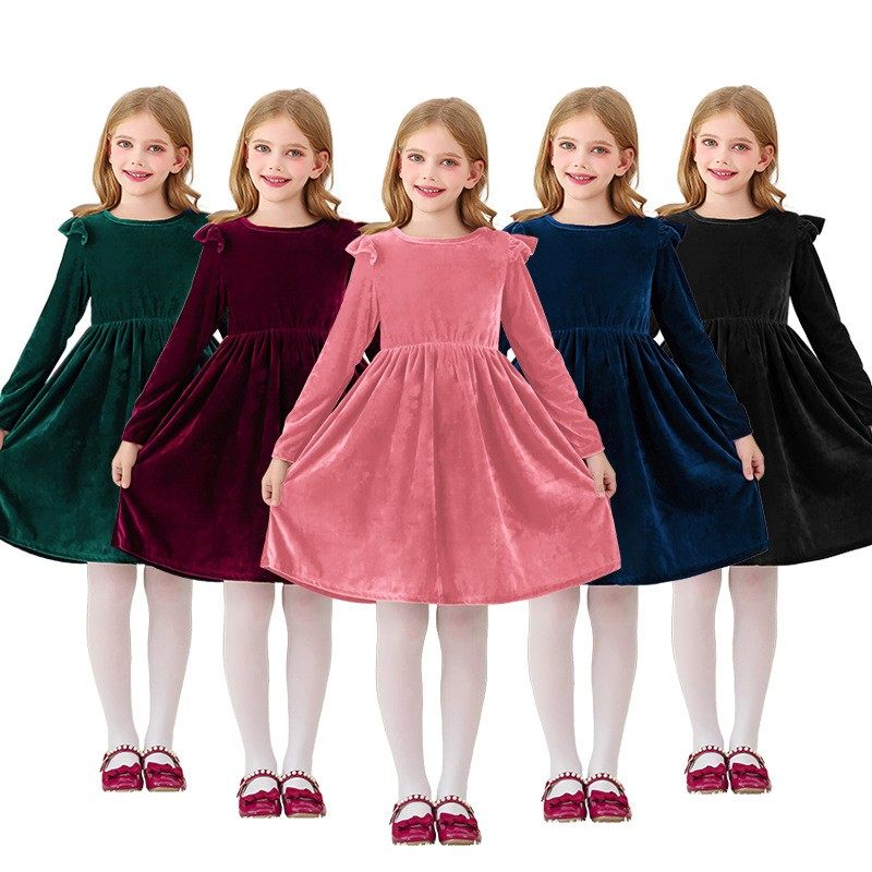 欧美新款女童绒连衣裙荷叶边长袖休闲春秋装公主圣诞派对儿童服装