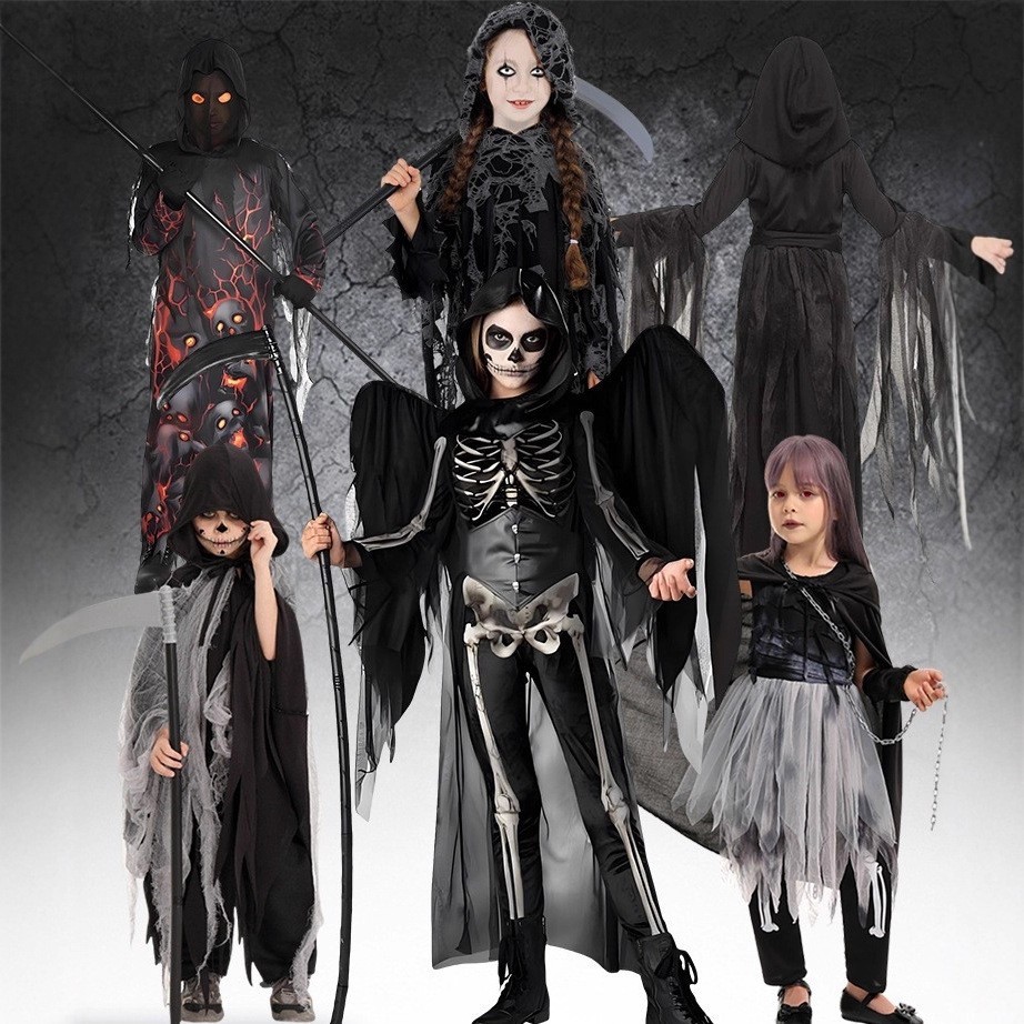 万圣节儿童暗夜幽灵服装恐怖神秘死神镰刀怪骷髅衣服cos派对演出