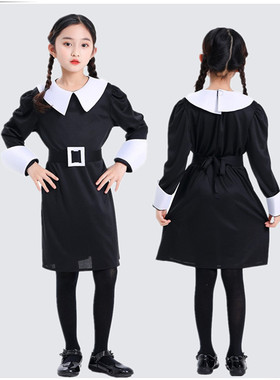 儿童亚当斯一家cos星期三Wednesday黑色连衣裙万圣节cosplay服装