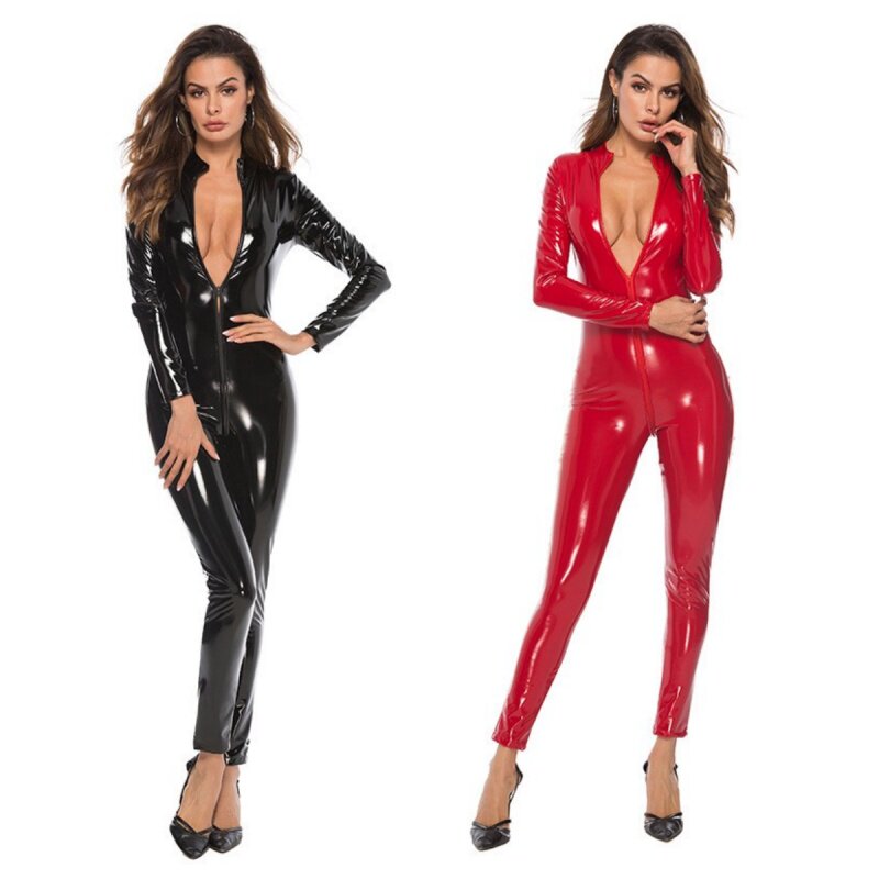 欧美紧身镜面PU漆皮拉链亮皮大码皮衣性感夜店连体束身制服连体衣