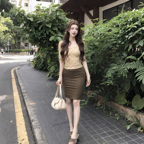 张小涵咖色高腰显瘦包臀半身裙女