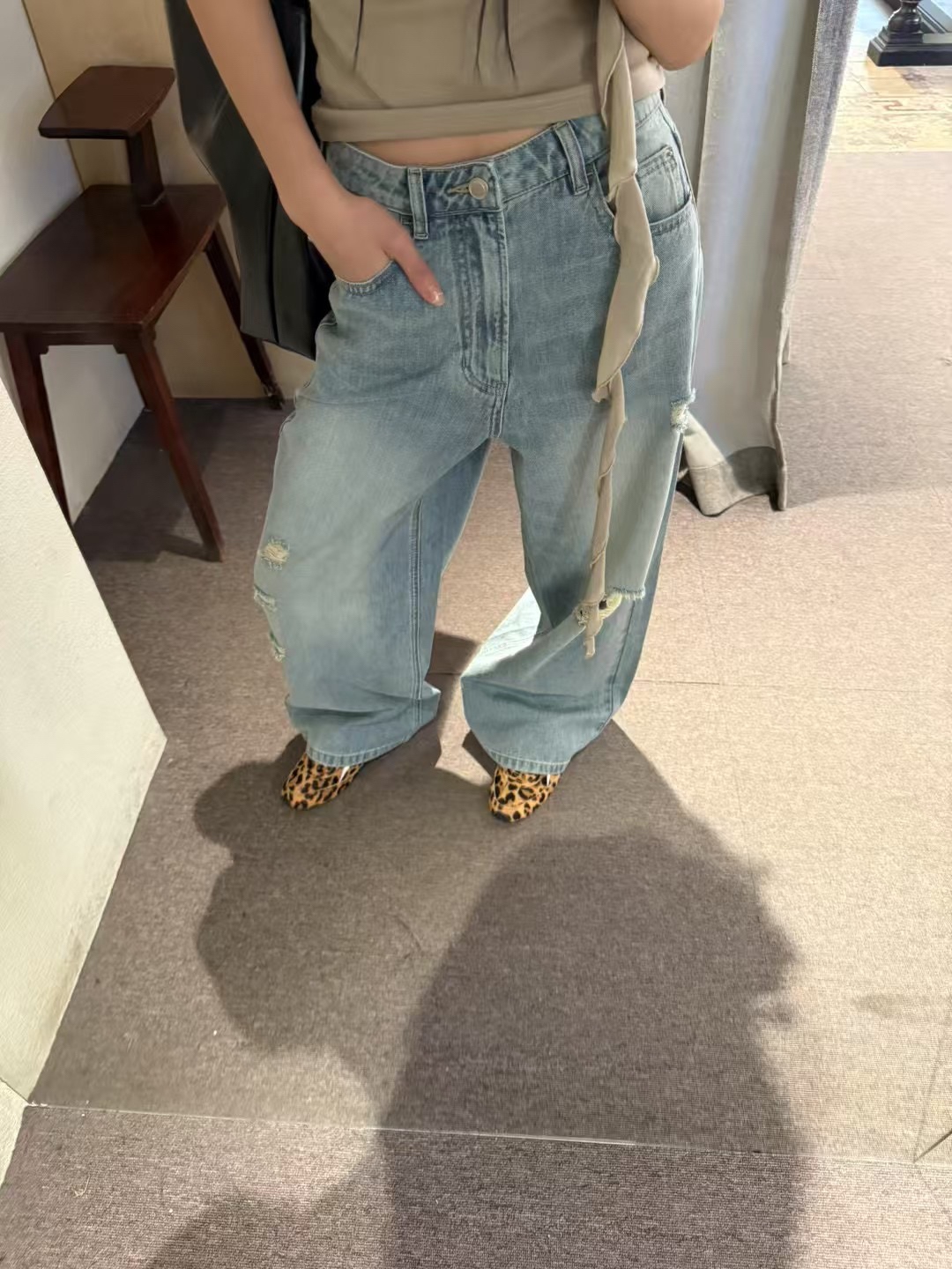 INchooseu韩系洗水破洞牛仔裤