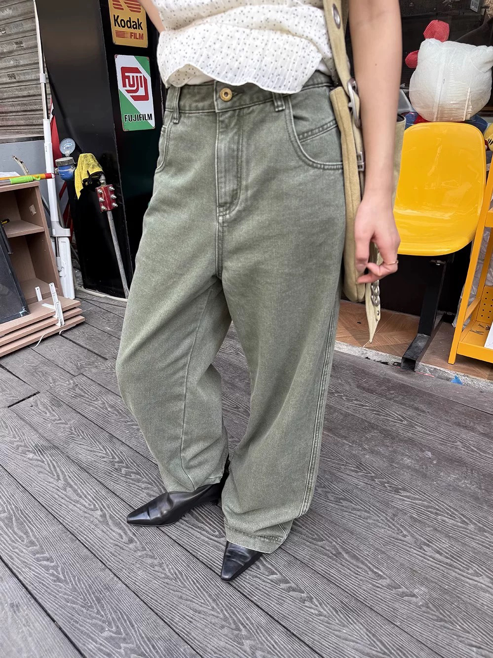 INchooseu笑笑家水洗绿牛仔裤