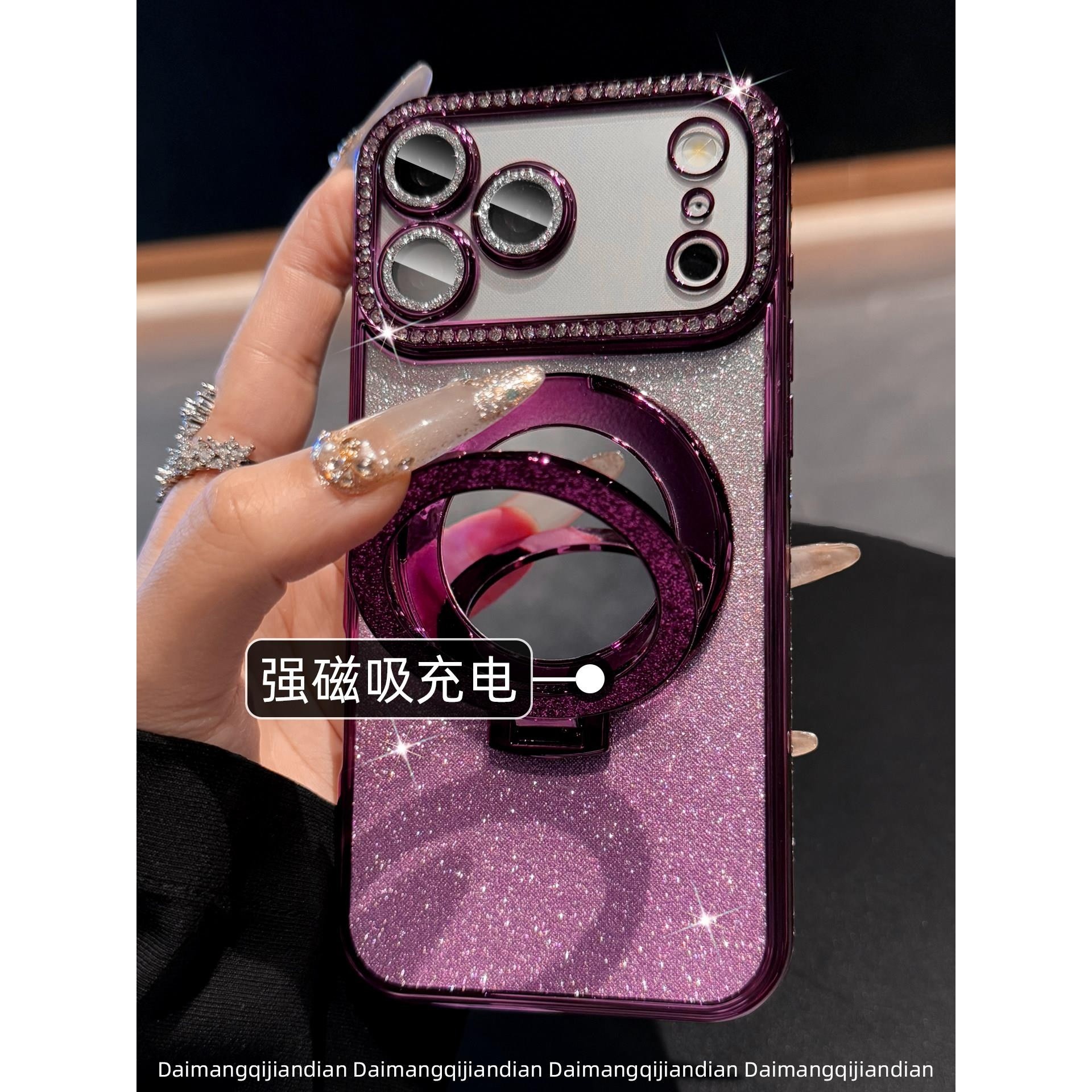 适用苹果18promax手机壳新款iPhone17Pro镜头全包防摔创意高级感16水钻边框轻奢简约补妆镜支架小众情侣女