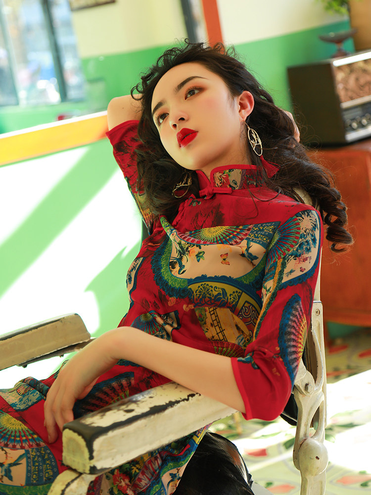 红色过年旗袍2022年新款长袖上海民国复古年轻款高端改良连衣裙冬