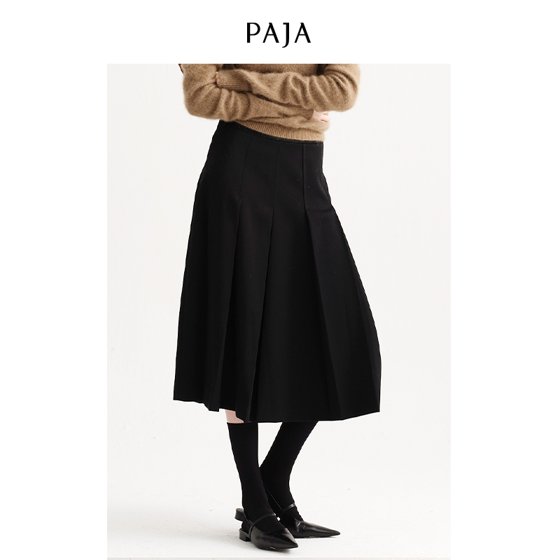 PAJA羊毛混纺长半裙秋冬气质高腰复古百褶裙