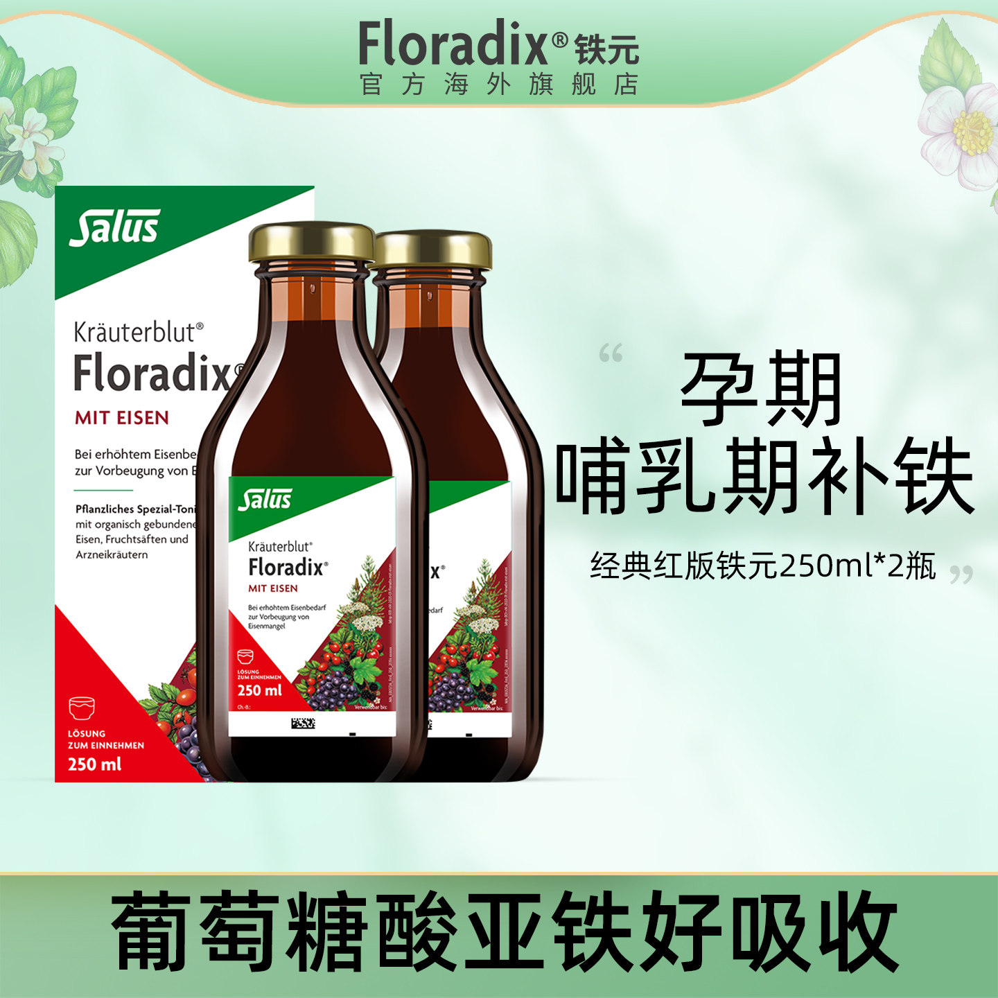 Floradix 德国铁元补铁剂女生调气养血调气虚血亏营养品250ml*2