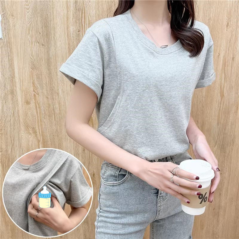 哺乳衣外出春夏款短袖喂奶衣服上衣纯棉打底衫辣妈款外穿产后半袖