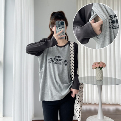 侧开哺乳上衣秋装长袖喂奶打底衫