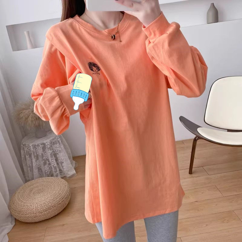 纯棉哺乳衣外出长袖T恤中长款辣妈秋装喂奶衣服产后哺乳打底衫春