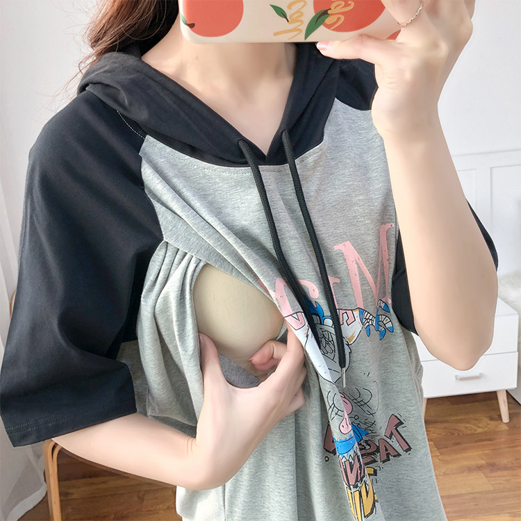 侧开口纯棉哺乳连衣裙连帽T恤裙