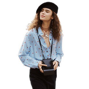 真丝衬衫女上衣春秋法式设计感长袖宽松桑蚕丝蓝色条纹印花衬衣