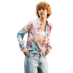 涂鸦印花真丝衬衫女2025秋季新款小众法式上衣设计感长袖翻领衬衣