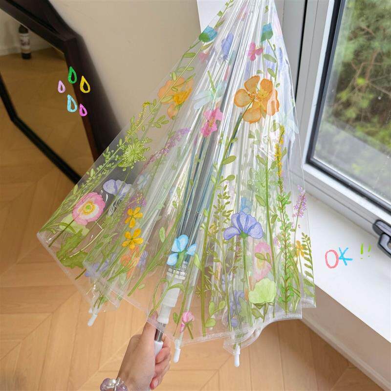森系花草加厚折叠长柄透明雨伞