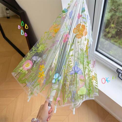 森系花草加厚折叠长柄透明雨伞