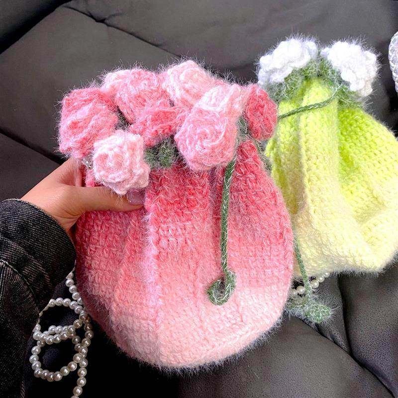 玫瑰花束包包毛线手工编织diy材料包钩织自制束口袋斜挎包送朋友