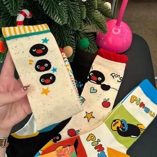 pingu袜子女款秋冬企鹅外穿ins中筒袜百搭可爱卡通学生新款袜子女