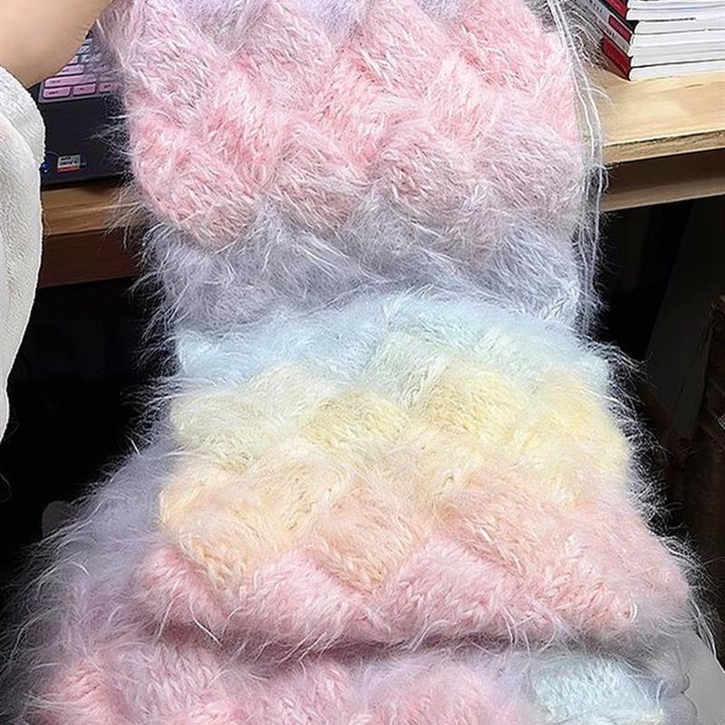 彩虹白桦围巾毛线手工diy渐变色送女生男友毛混线秋冬围脖材料包