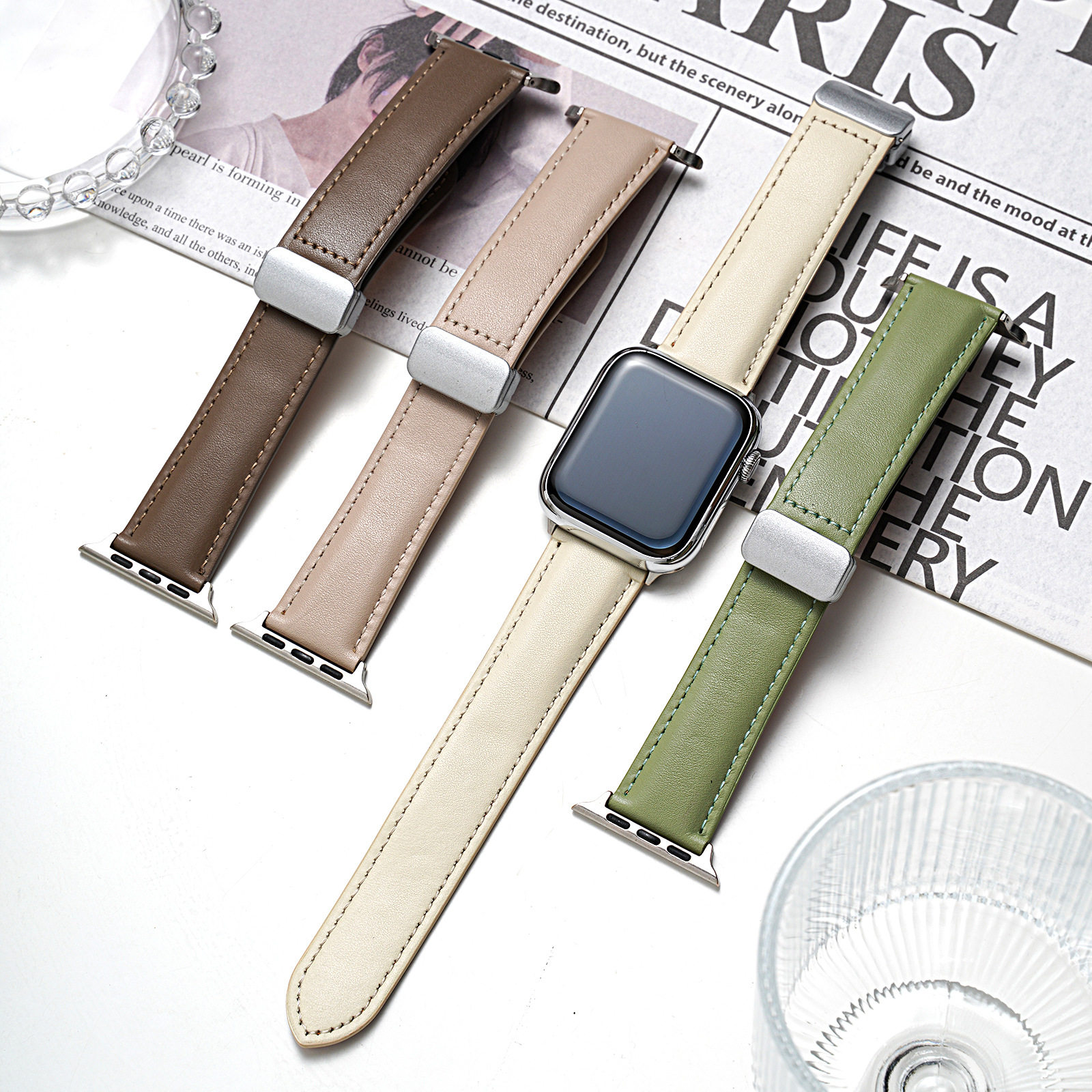 适用苹果手表表带applewatch真皮男女款iwatch8/S9/10磁吸扣表带