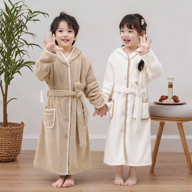 高端儿童浴袍秋冬四季珊瑚绒吸水速干加厚款睡袍男女童连帽睡衣
