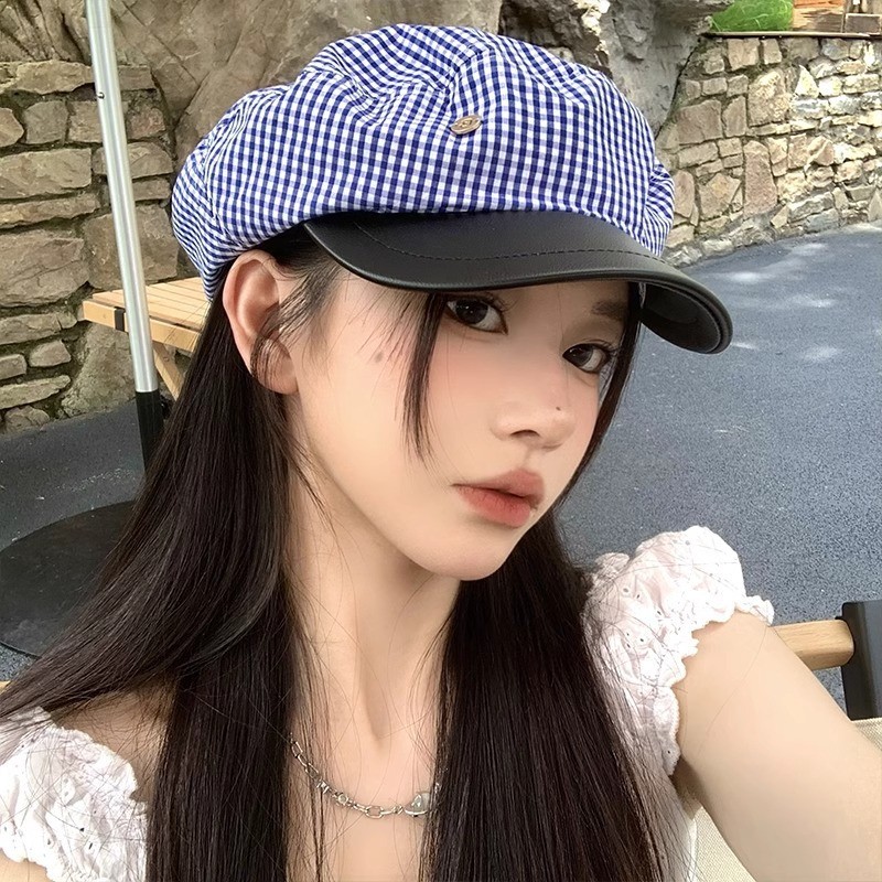 时尚蓝色格纹鸭舌画家帽女韩版英伦百搭报童帽皮质帽檐贝雷帽潮流