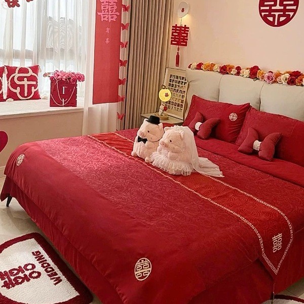 结婚红色四件套喜被套罩床单新婚庆喜嫁床上用品婚房陪嫁床单