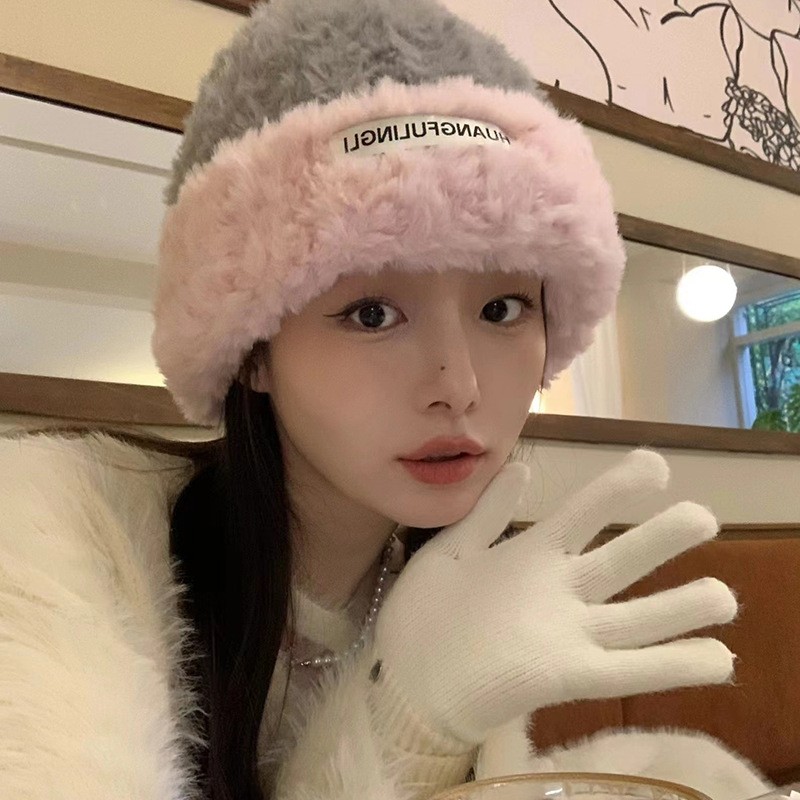 毛线帽女秋冬季百搭针织包头显脸小保暖护耳卷边毛茸茸冷帽大头围