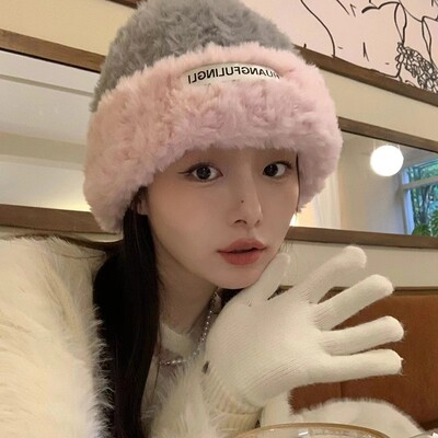 毛线帽女秋冬季百搭针织包头显脸小保暖护耳卷边毛茸茸冷帽大头围