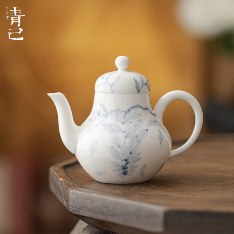 青己手绘青花紫藤花陶瓷手执壶家用手工球孔过滤功夫茶具泡茶壶