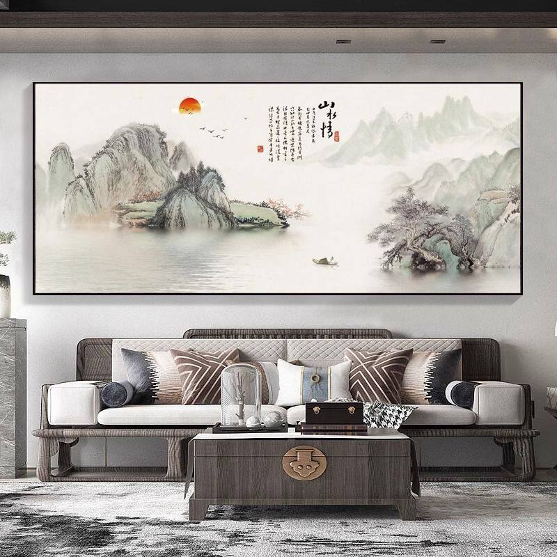 流水生财山水靠山办公室风景挂画中式客厅装饰画沙发书房背景墙