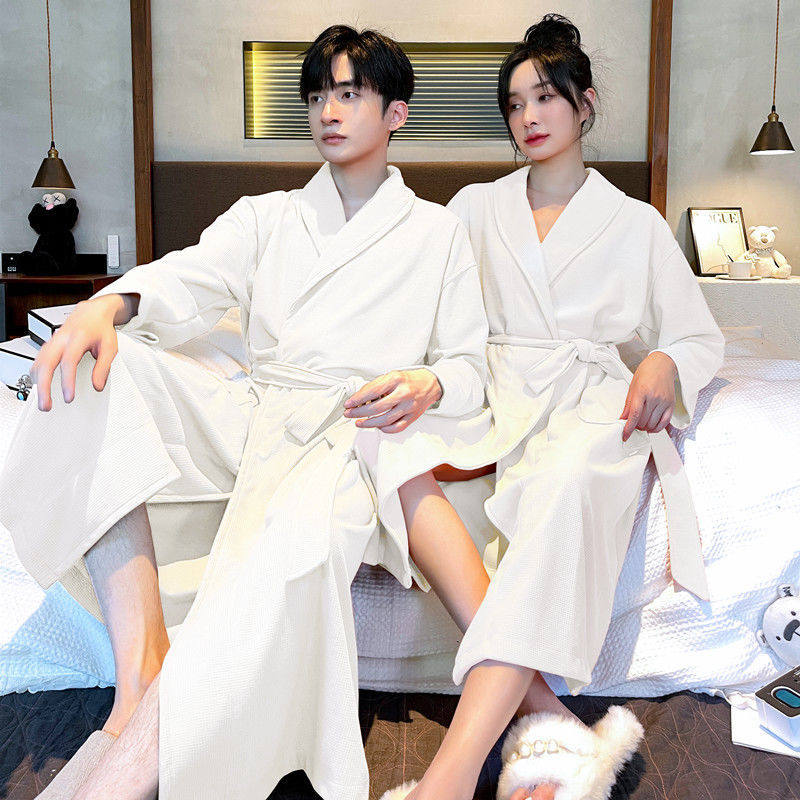 浴袍男女情侣装中长款四季通用华夫格大码睡袍速干不掉毛春夏浴衣