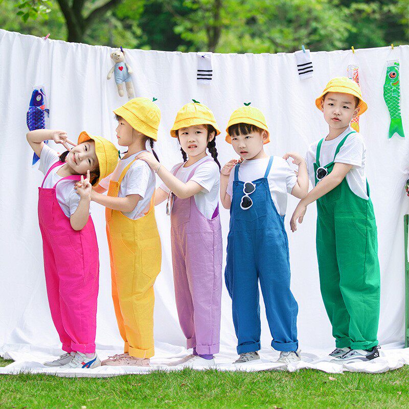 夏季新款幼儿园毕业照男女童背带裤套装纯棉彩色六一演出服舞蹈服