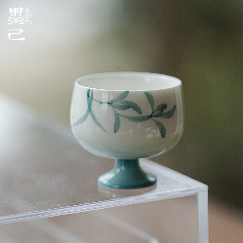 墨己玉泥手绘兰花渐变蓝色功夫茶具仿宋高足圆口茶杯家用主人杯