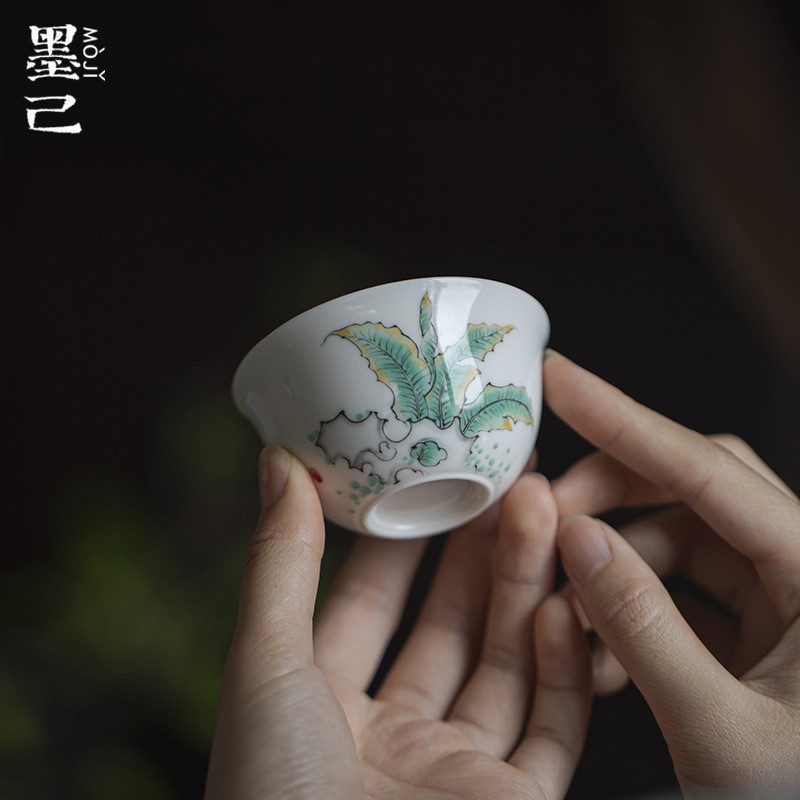 墨己手绘太湖石文人器茶杯大号功夫茶具陶瓷品茗杯内釉松石绿单杯
